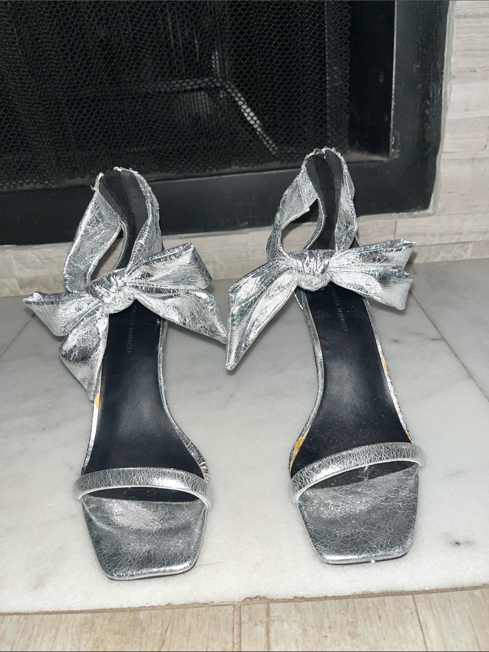 Rebecca Minkoff Silver Bow Ankle-Strap Heels
